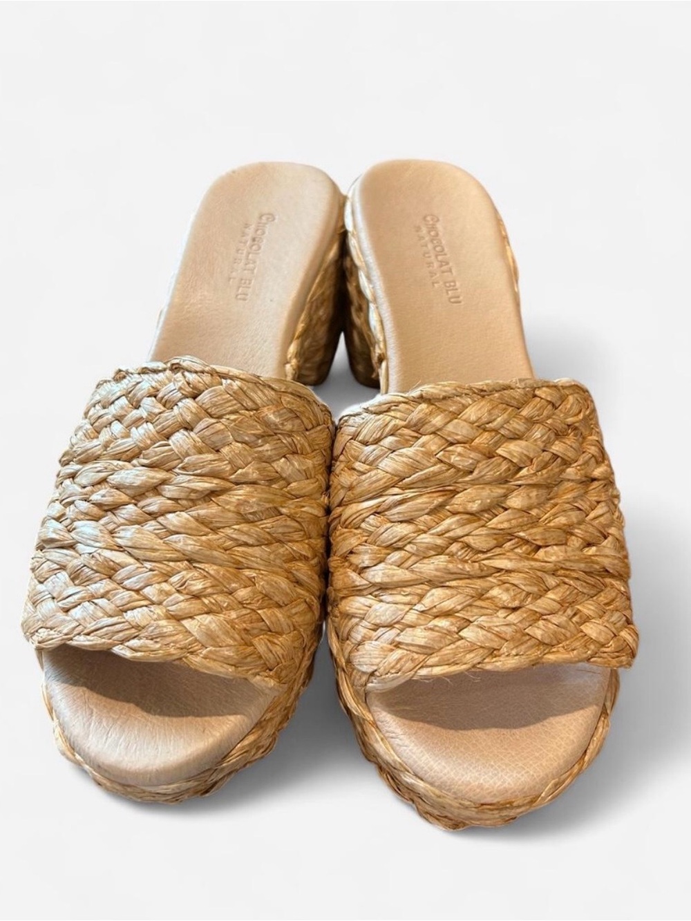 Chocolat Blu Gilda Natural Raffia Braided Slide Sandals - Natural Tan